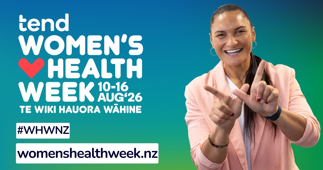 Tend Women's Health Week, 10–16 Aug '26 (Te Wiki Hauora Wāhine) promotional banner with Dame Valerie Adams smiling in a pink blazer pointing at the camera. Text reads #WHWNZ and womenshealthweek.nz.