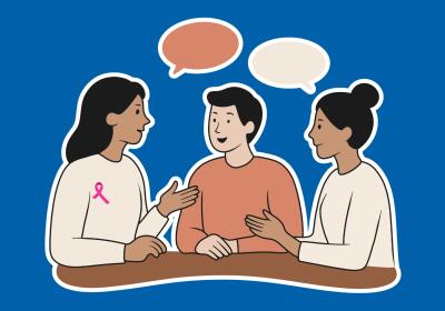 Animation image of three women talking with two speech bubbles