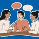 Animation image of three women talking with two speech bubbles