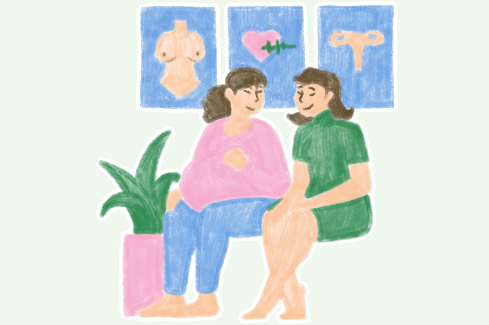 Animation image of two woman chatting in waiting room with posters of female anatomy