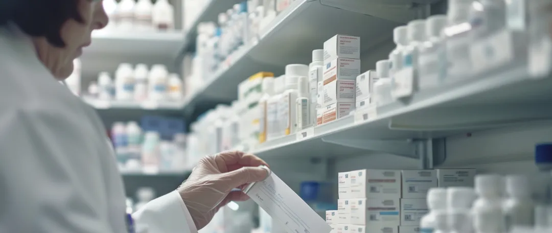 Pharmacist selecting medication for a repeat prescription